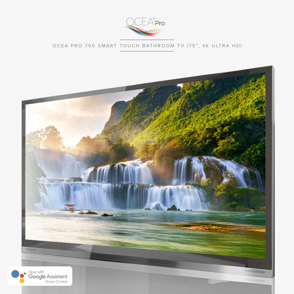 A 75-inch Ocea Pro 750 Smart Touch Bathroom TV with 4K Ultra high-definition display.